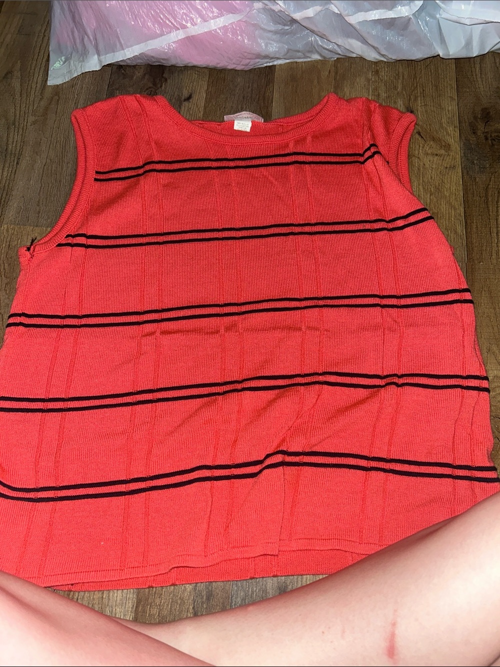 Red Sleeveless Knit Tank with Black Stripes